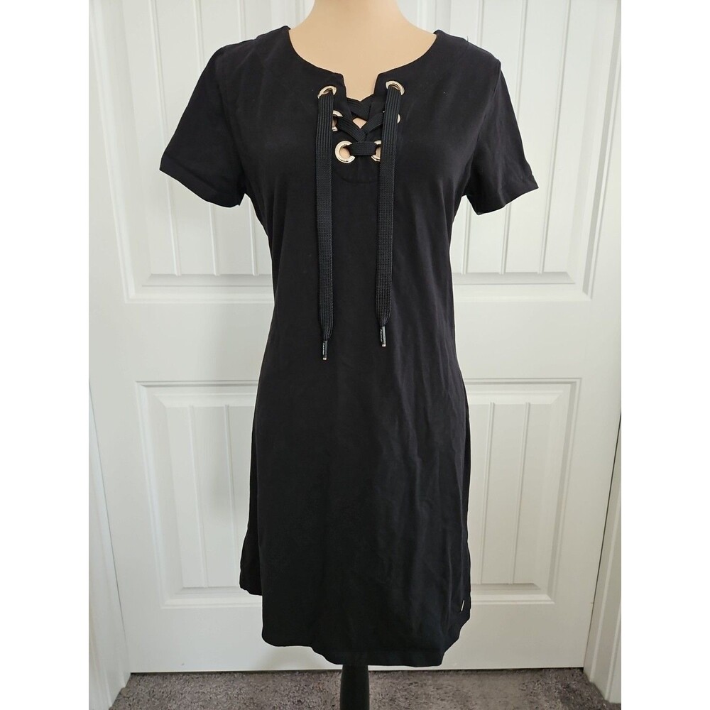 Calvin Klein Black Stretch Lace-Up Front Short Sleeve Dress M Logo Goldtone
